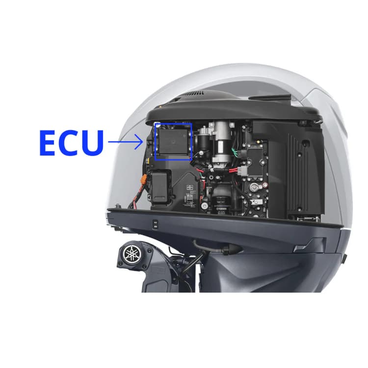 Yamaha-perämoottorin esimerkkikuva: moottorinohjaimen (ECU) sijainti merkittynä.